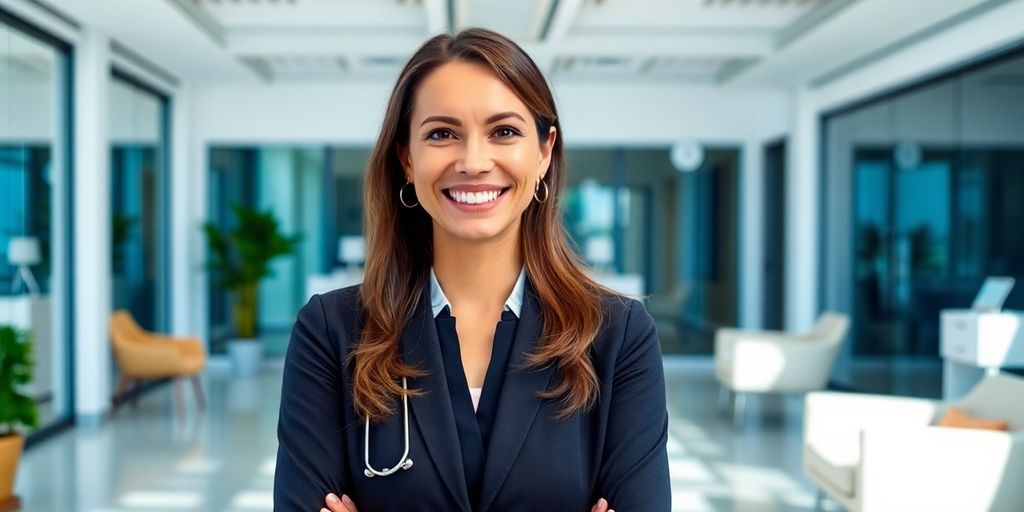 Gesundheitsberaterin der AOK Plus empfängt in einem modernen Gebäude.