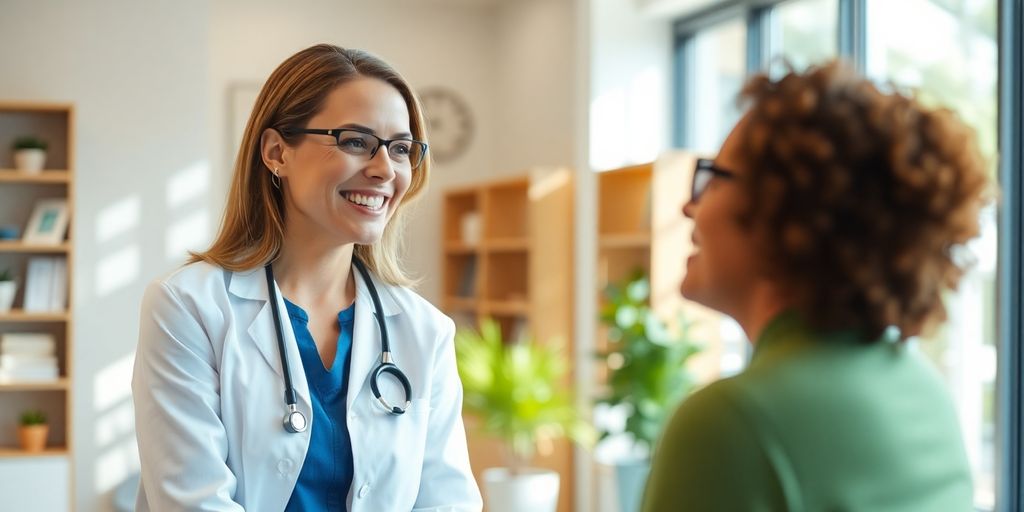 AOK PLUS und innovative Gesundheitslösungen: Ärztin behandelt Patientin in Praxis.