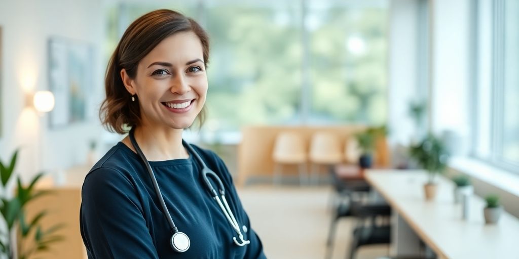 Lächelnde Ärztin wartet im Warteraum auf Ihren nächsten Patienten der bei der AOK Rheinland-Pfalz/Saarland versichert ist.