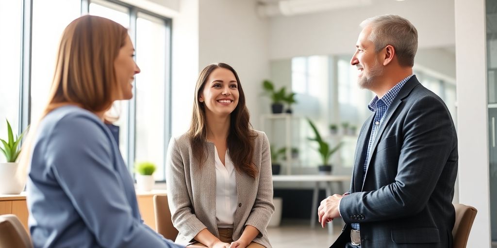 Mitarbeitende der R+V BKK stehen zusammen und besprechen sich in einem modernen Büro