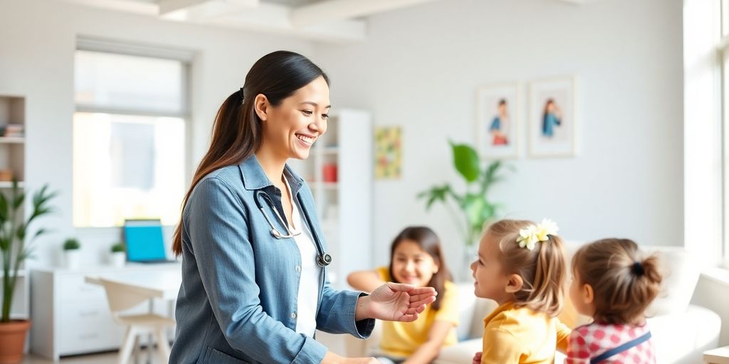 Junge Berater der Securvita Krankenkasse sprich in moderner Kinderpraxis mit Kinder über Gesundheit und Leistungen 