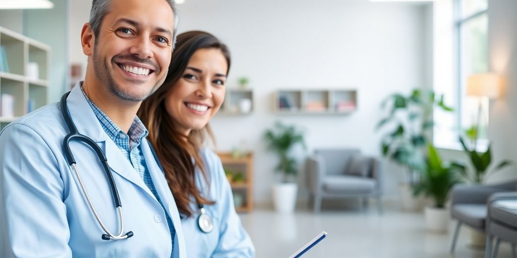 Ärzte in moderner Praxis sprechen über die Gesundheitsleistungen der Techniker Krankenversicherung