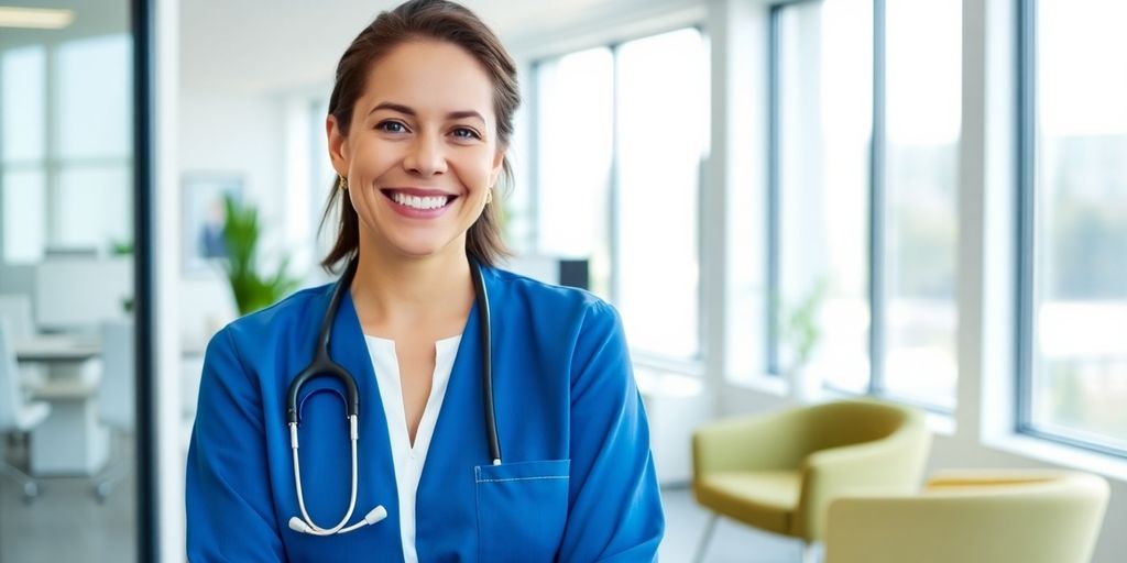 Freundliche Arzthelferin freut sich über die Leistung der Techniker Krankenversicherung
