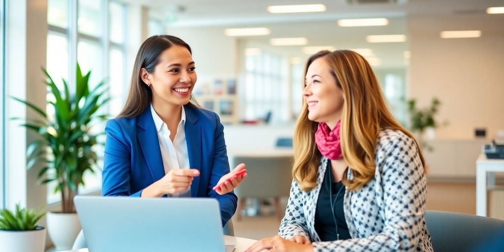 Beraterin der Techniker Krankenversicherung informiert eine neugierige Frau im modernen Büro.