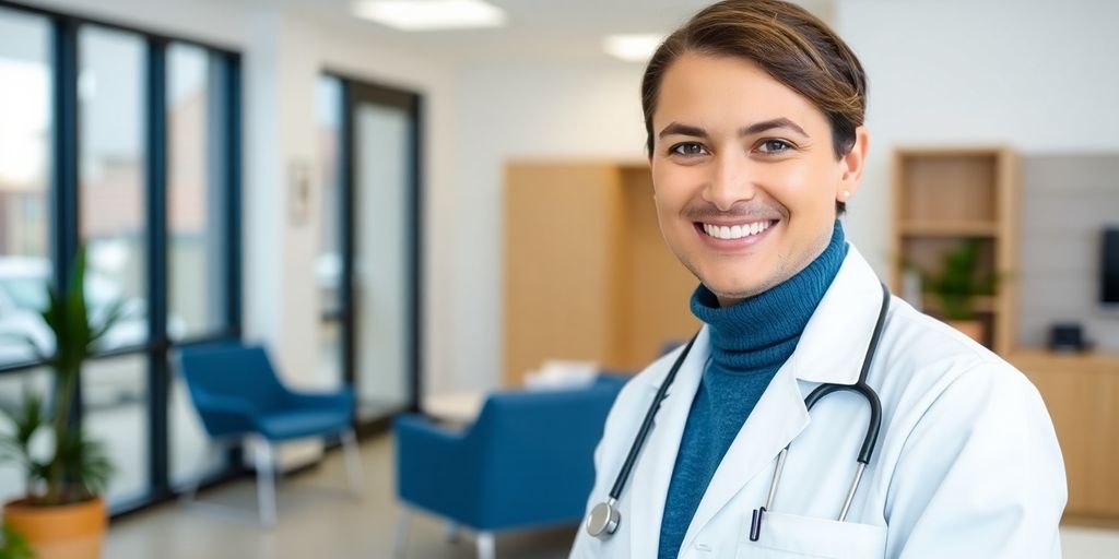 Junger lächelnder Arzt wartet im Warteraum auf einen bei der AOK Rheinland/Hamburg versicherten Patienten.