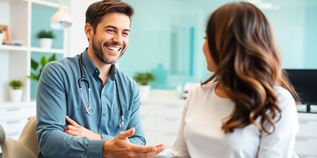 Junger Zahnarzt berät eine bei der Barmer versicherten Patientin.