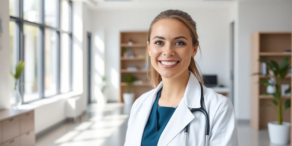 Mit dem Klinikfinder der BKK B. BRAUN | AESCULAP findet man die passende Klink. Junge Ärztin lächelt.