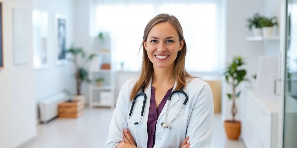 Hospiz- und Palliativmedizin bei der BKK Akzo Nobel Bayern: Junge Ärztin behandelt in moderner heller Praxis.