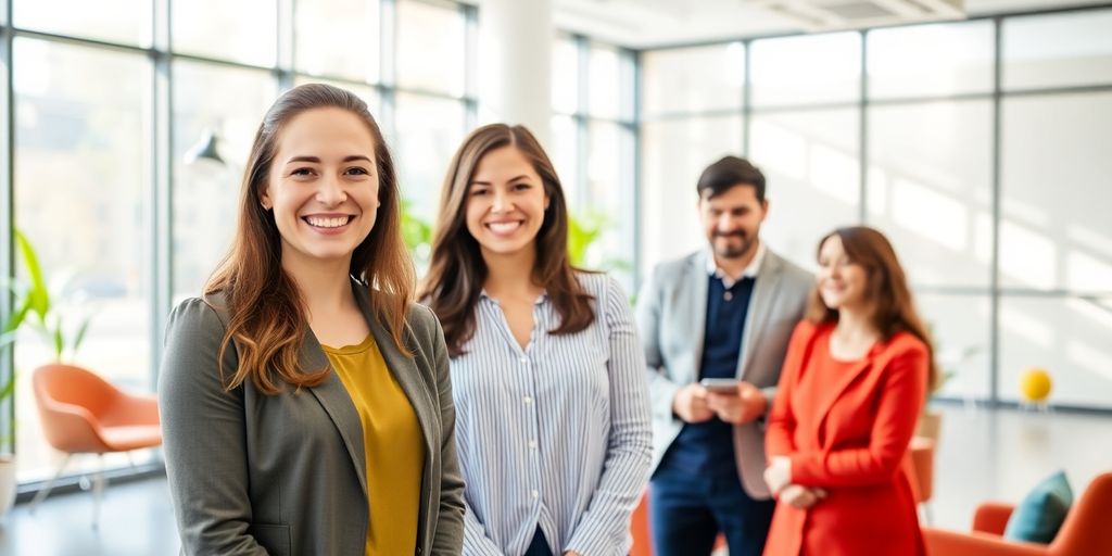 Familienfreundliche Angebote der BKK Deutsche Bank AG freut junge Personen in modernen Büro.
