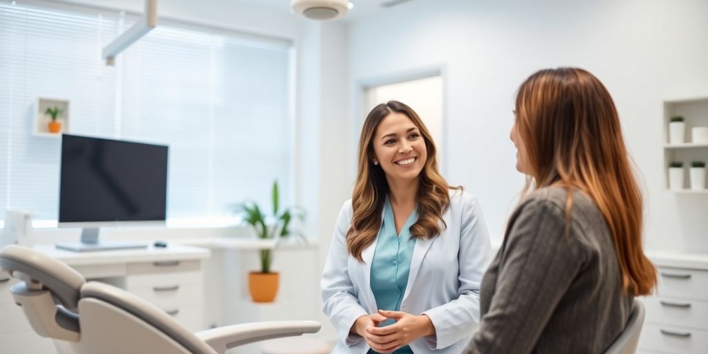 Zahnmedizinische Leistungen der BKK Deutsche Bank AG: Beratungsgespräch zwischen einer Patientin und einer Zahnärztin in moderner heller Praxis.