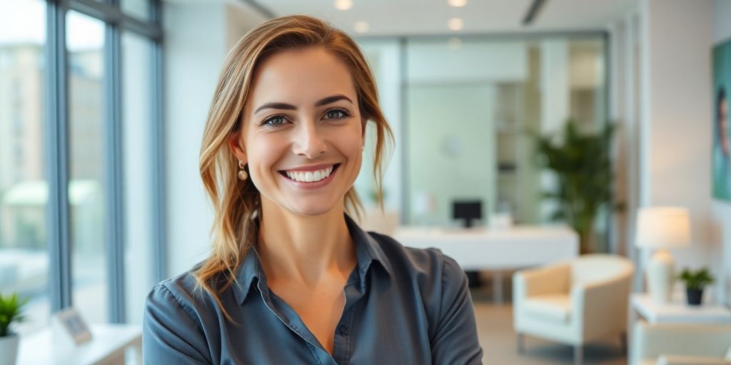 Junge motivierte Bankberaterin ist bei der BKK Deutsche Bank AG versichert.