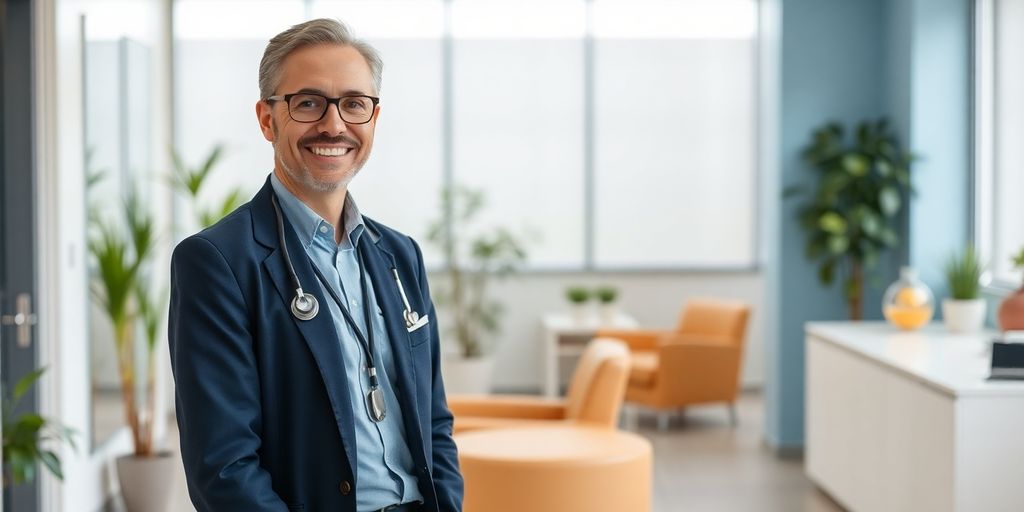 Sympahtischer Arzt wartet auf einen Patienten, der bei der BKK EWE versichert ist.