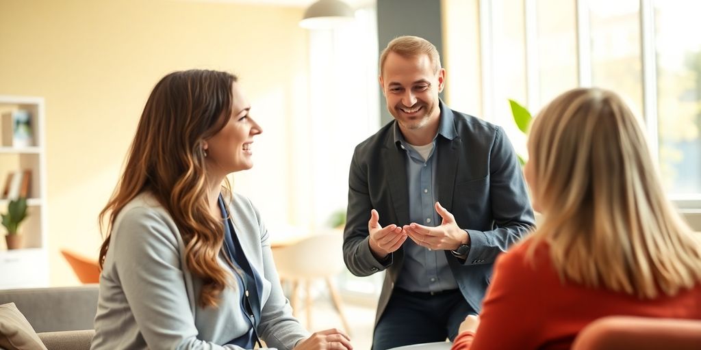 BKK EWE: Therapeut im Austausch mit seinen Patientinnen.