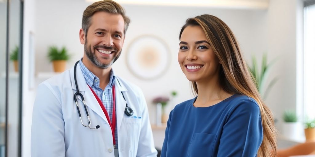 Freundlicher Arzt und lächelnde Patientin in moderner Praxis.