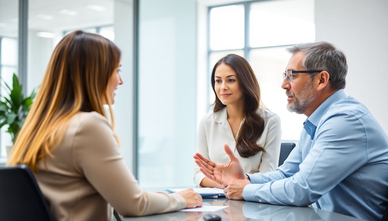 Insurance advisor consulting a woman in a bright office.