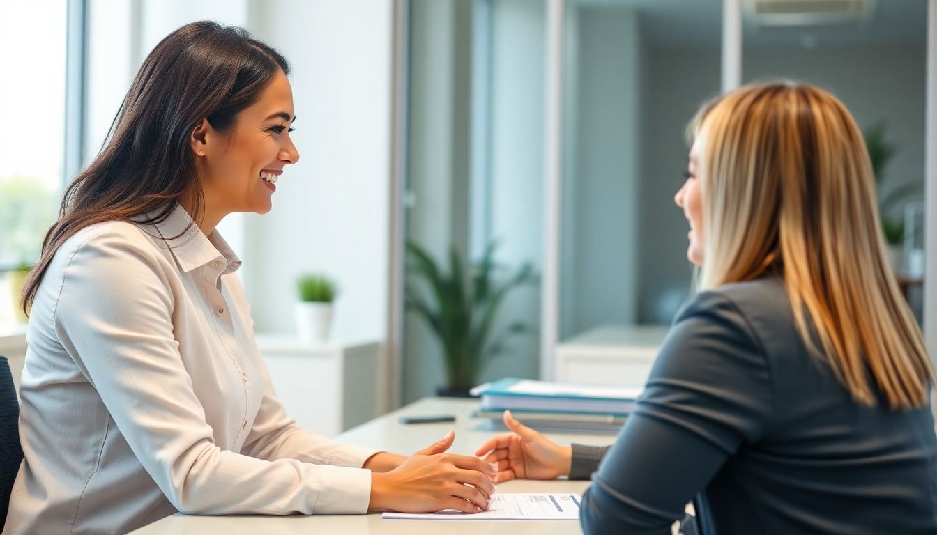 Insurance advisor in a bright office listening to a client.