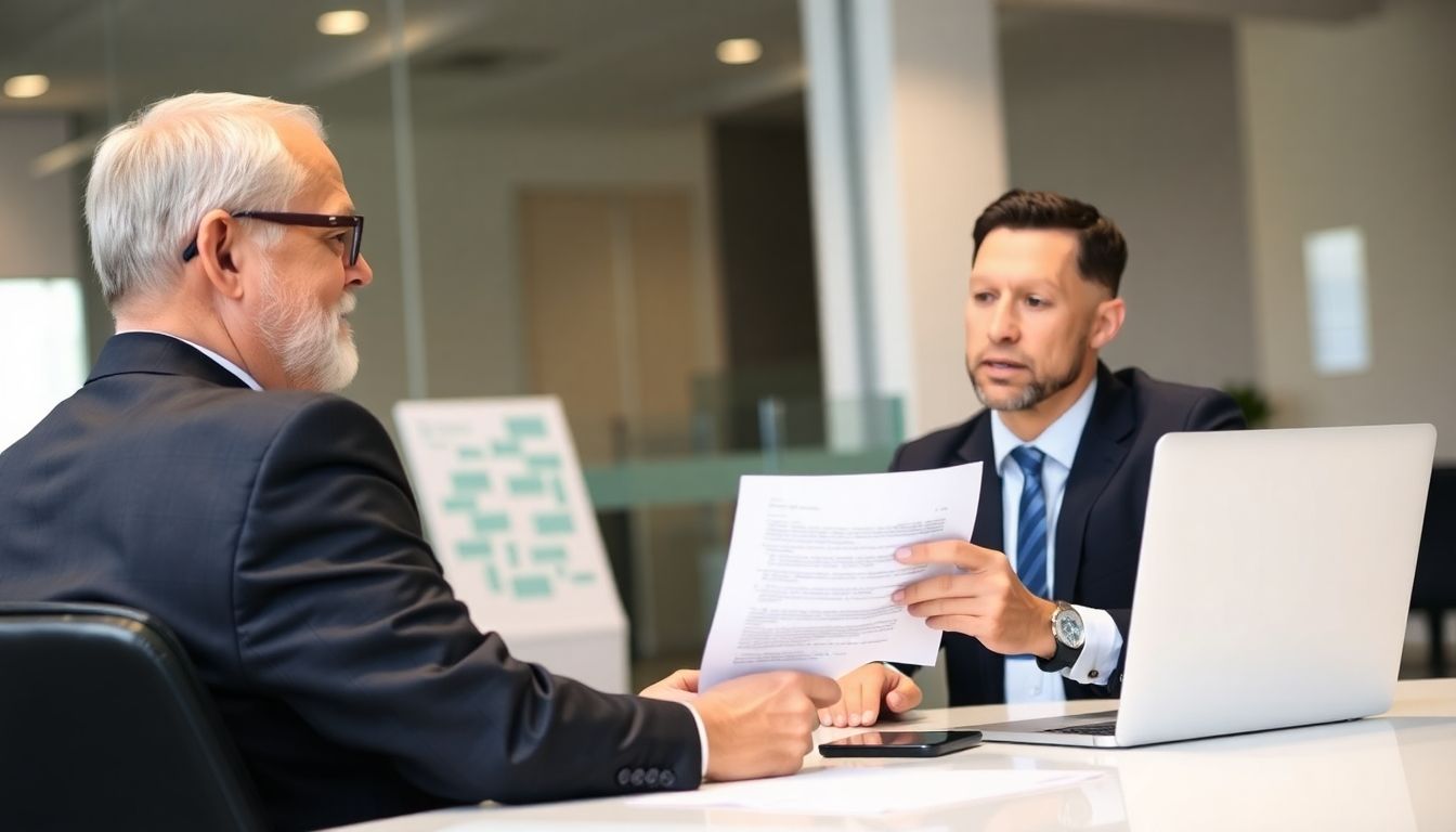 Insurance broker and client discussing policy details.