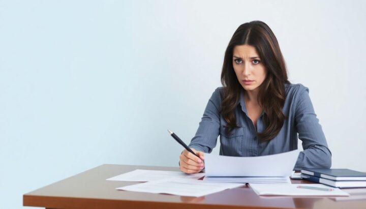 Woman at desk reviewing dental insurance documents with concern.