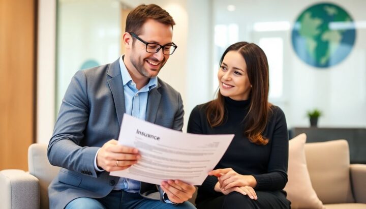 Advisor and client discussing insurance policy details.