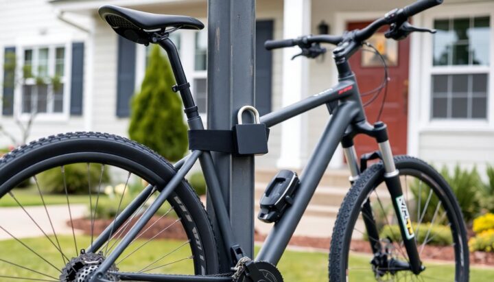 Mountain bike locked securely to a post outside a house.