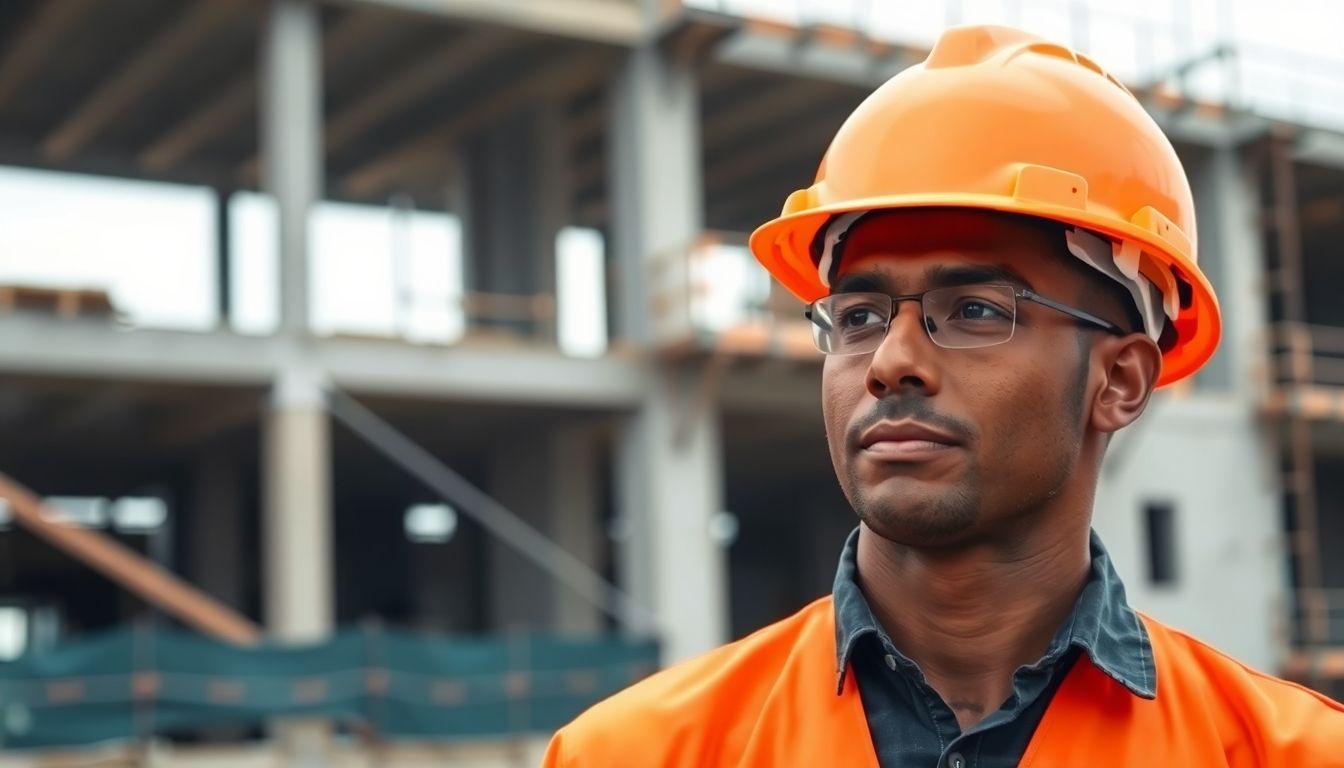 Construction worker on a building site with safety helmet.