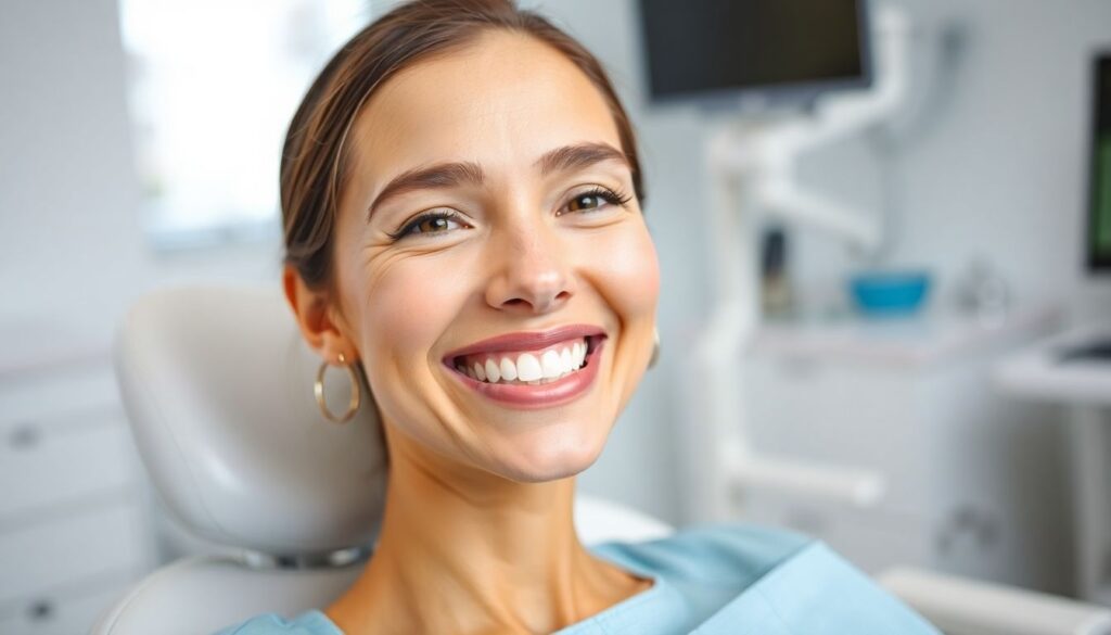 Woman smiling in a dental practice.