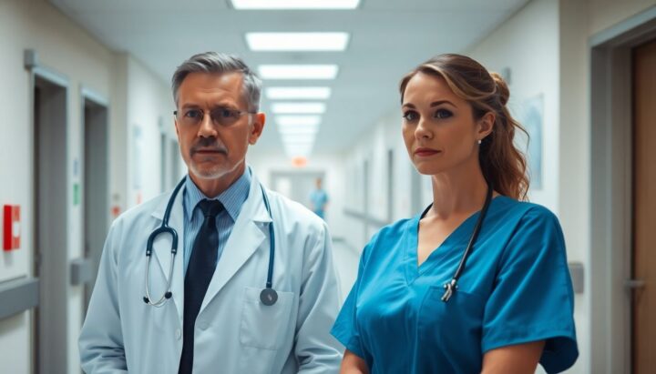 Doctor and nurse in a bright hospital hallway.