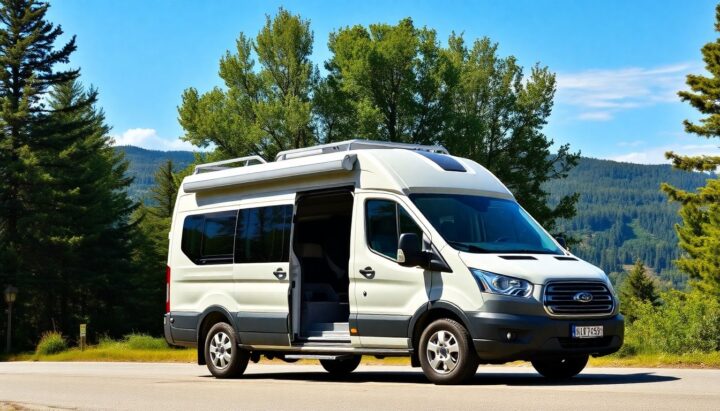 Wohnmobil Versicherung: Campervan parked on a scenic mountain road.