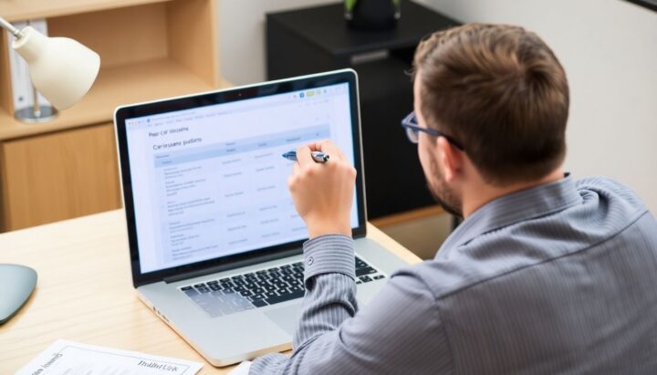 Man comparing car insurance policies on a laptop.