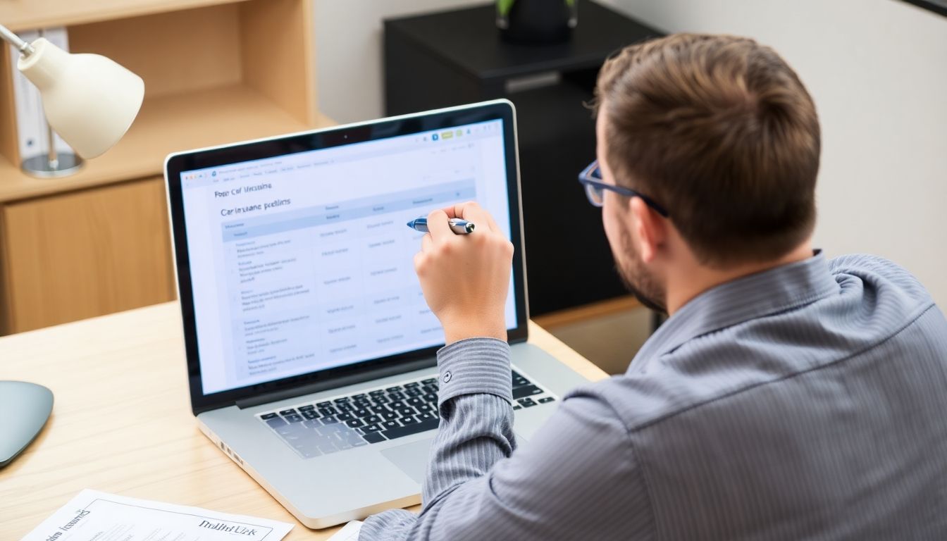 Man comparing car insurance policies on a laptop.
