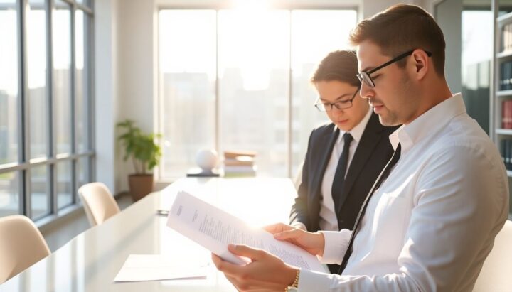 Lawyer in a bright office reviewing insurance documents.
