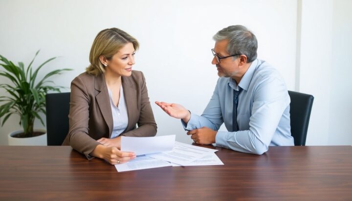 Insurance advisor and woman discussing insurance policies at a table.