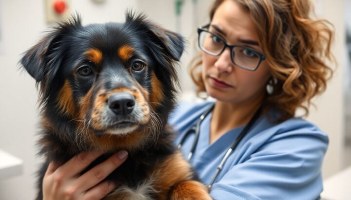 Woman and dog at the vet, looking worried about costs.