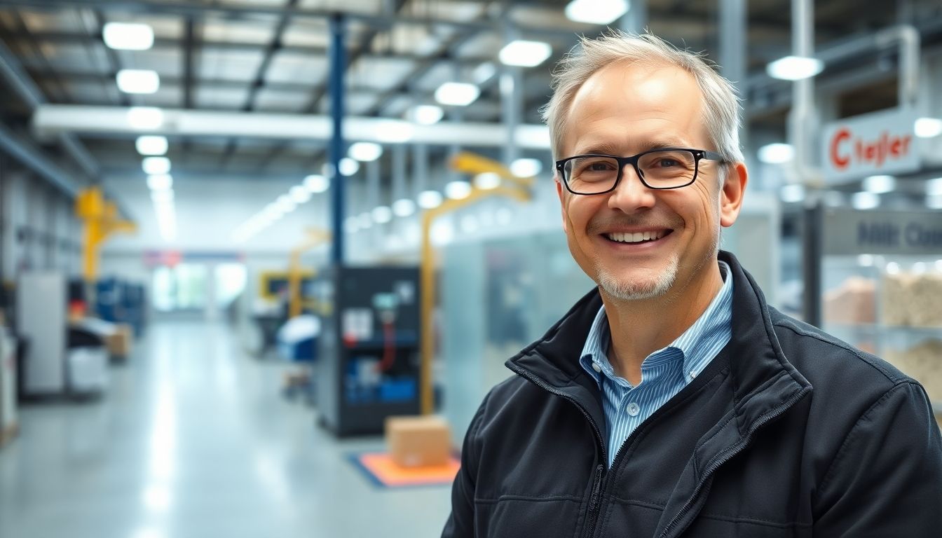 Smiling business owner in a plastic manufacturing facility.