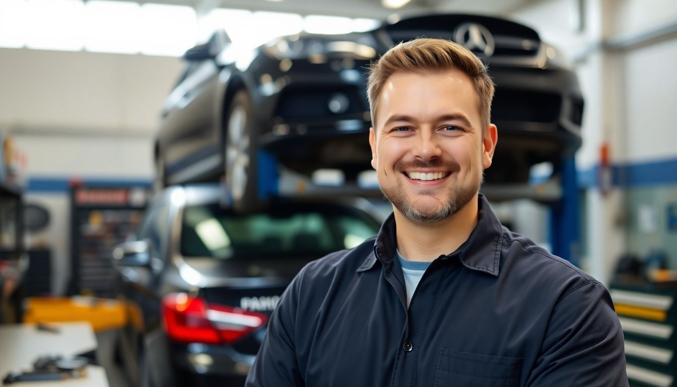 Smiling auto workshop owner in a bright, modern repair shop.