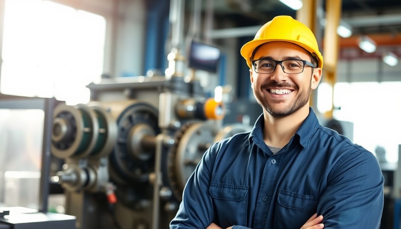 Smiling engineer in a modern, bright mechanical engineering workshop.