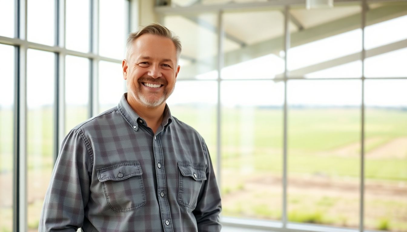 Smiling farm owner in a bright office overlooking fields.