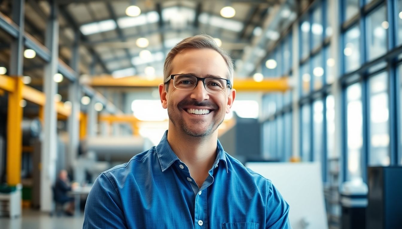 Smiling executive in a modern office with industrial background.