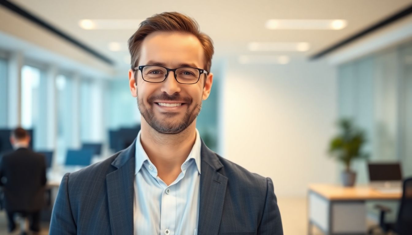 Smiling managing director in a bright office.