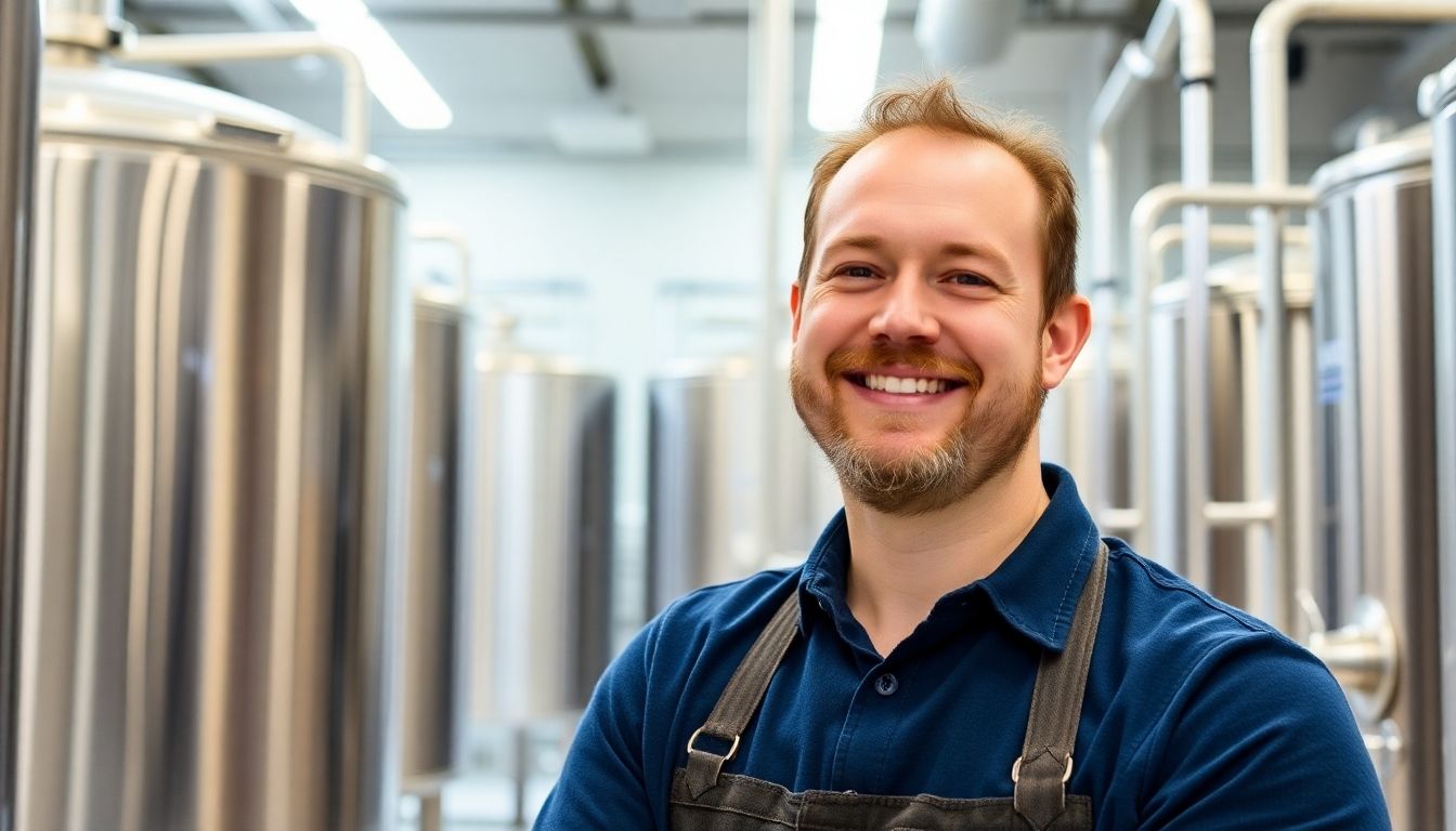 Master brewer smiling in a modern brewery setting.