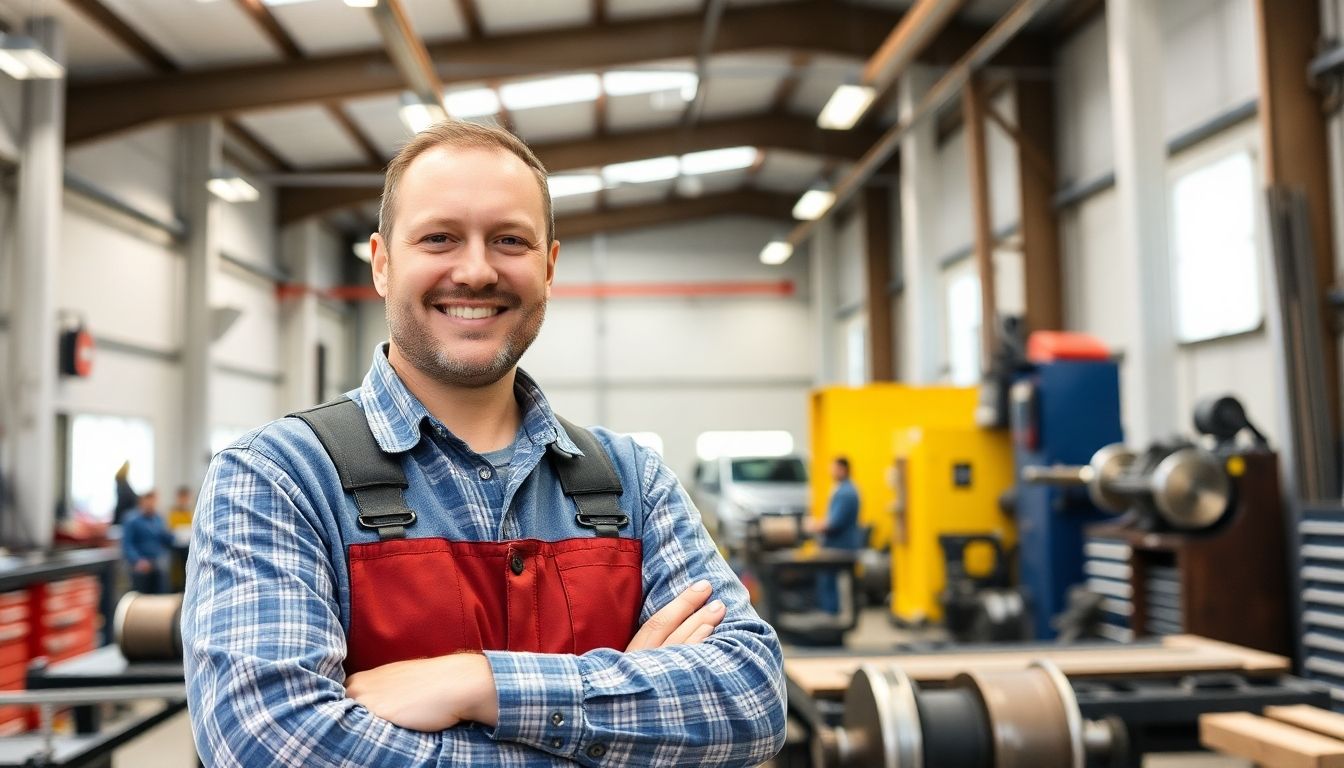 Smiling metalworker in a bright, modern workshop.