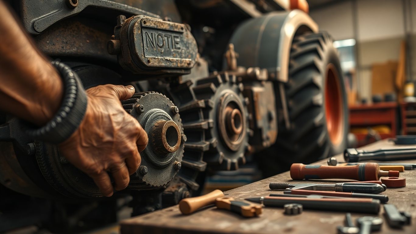 Mechaniker repariert Landmaschine in Werkstatt.