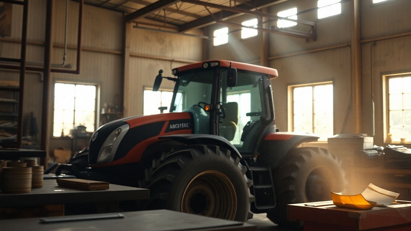 Werkstatt für Landmaschinen mit Traktor und Werkzeugen