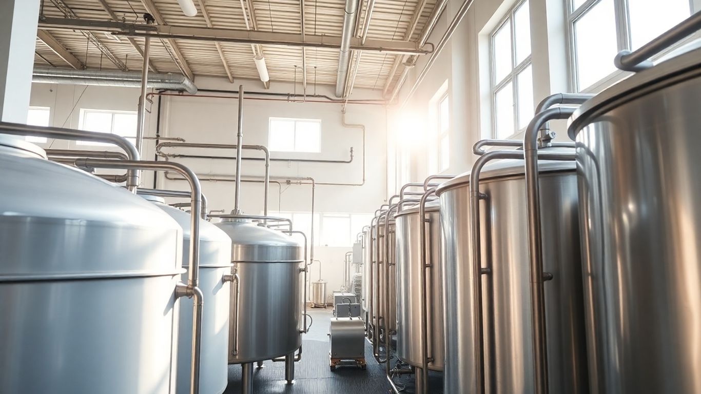 Moderne Molkerei mit Edelstahltanks und Verarbeitungsmaschinen.