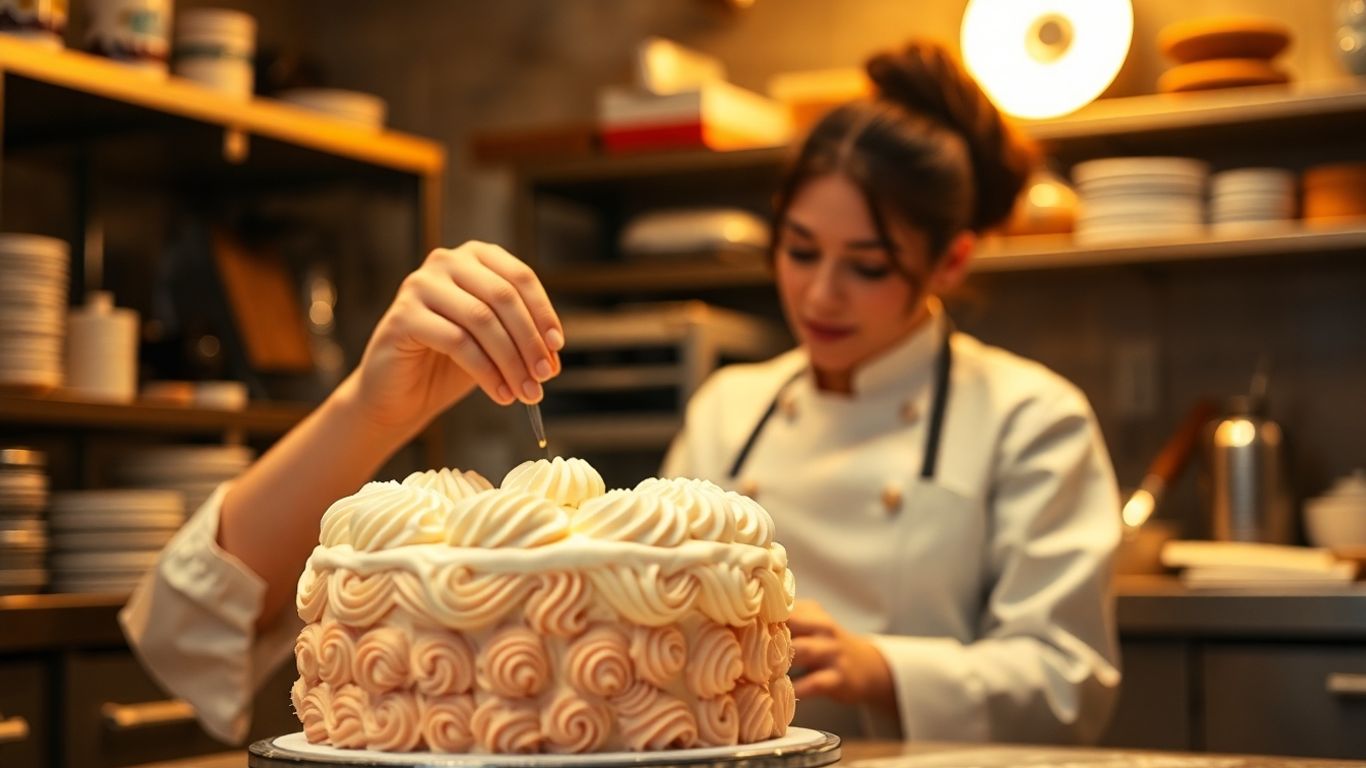 Konditor dekoriert kunstvoll eine Torte in professioneller Küche
