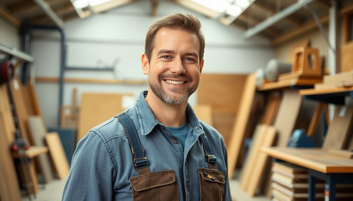 Smiling flooring contractor in a well-lit workshop.