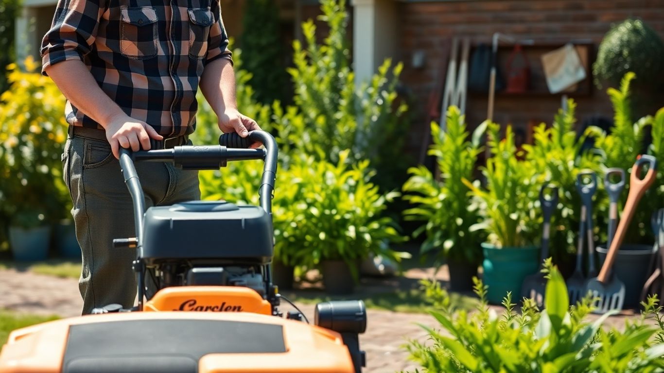 Gartenbauer inspiziert Maschine mit Pflanzen im Hintergrund
