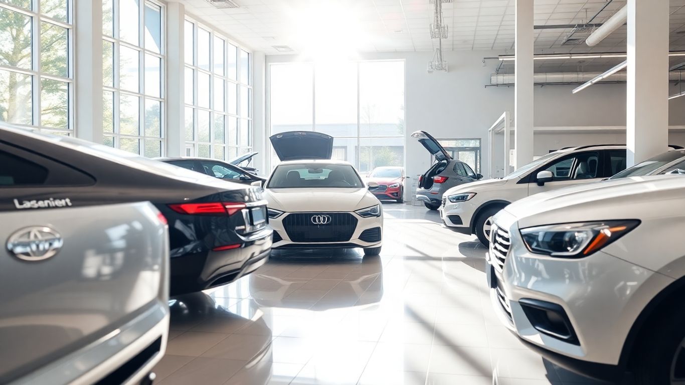 Autohaus mit Autos, Werkstatt und Ausstellungsraum