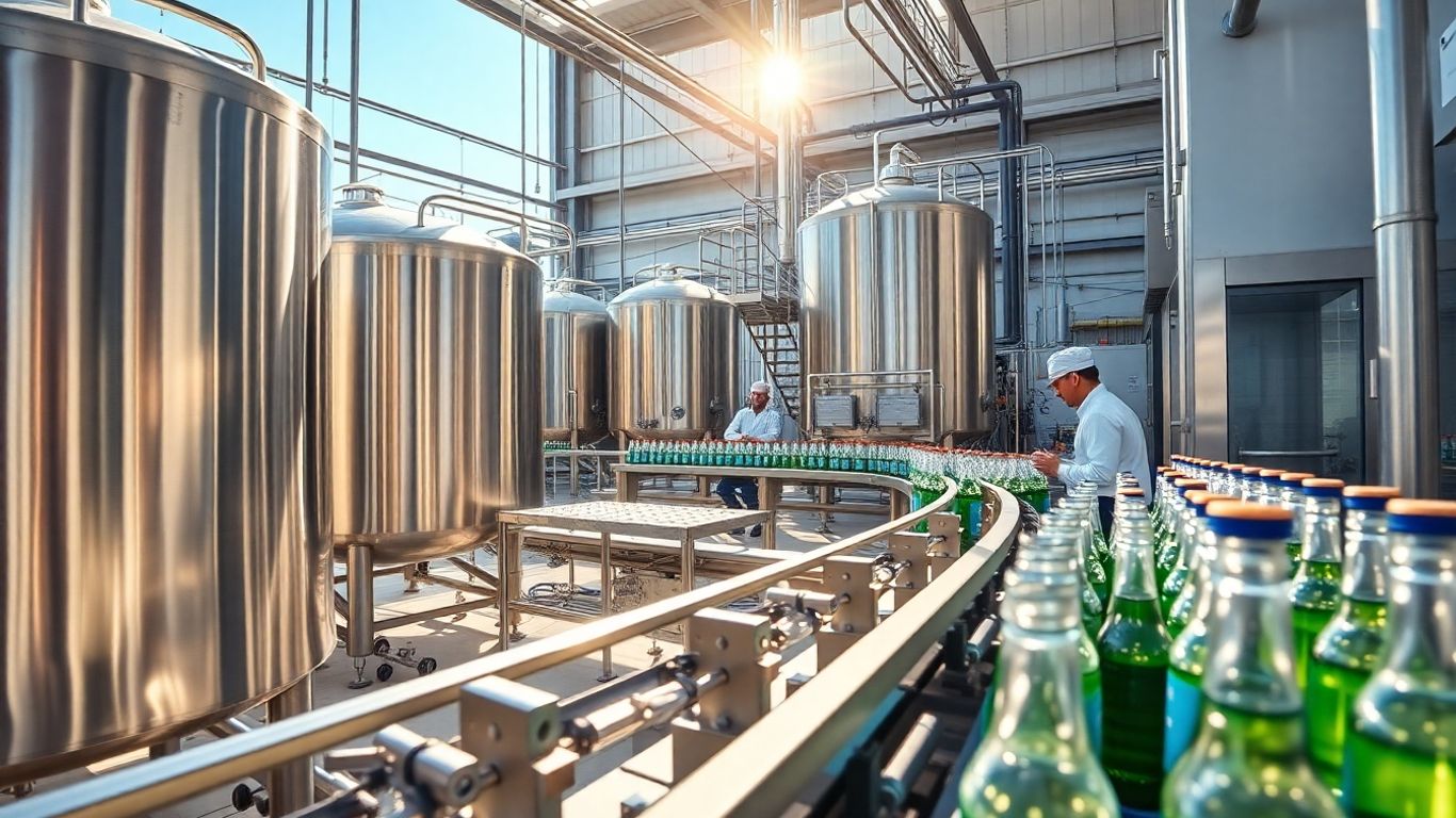 Moderne Getränkeabfüllanlage mit Edelstahltanks und Fließbändern.