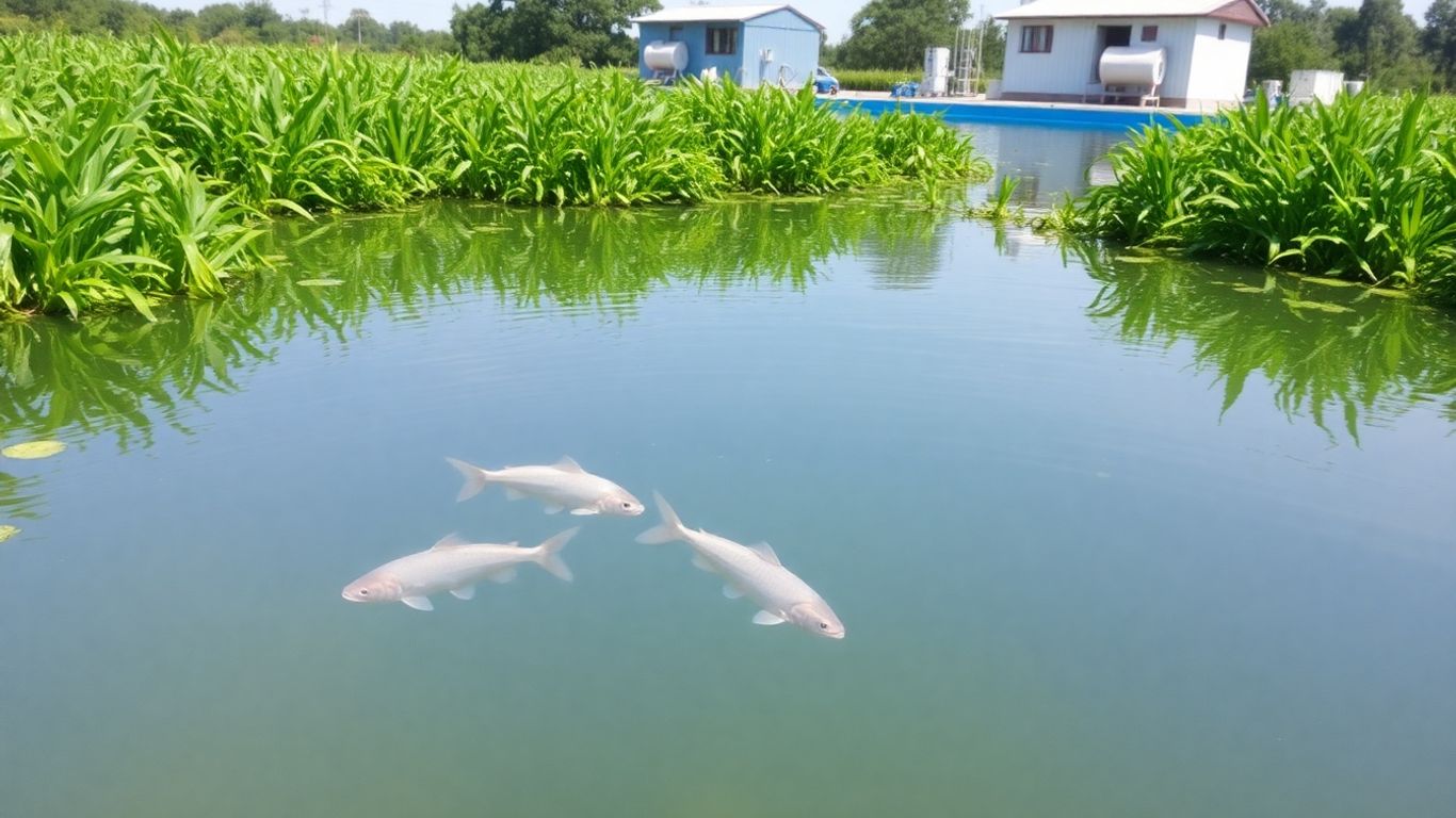 Fischteich mit gesunden Fischen und moderner Ausrüstung.